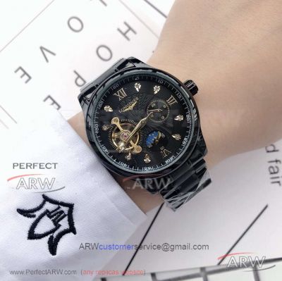 Perfect Replica Longines Black Steel Case Black Moonphase Tourbillon Automatic 40mm Men's Watch